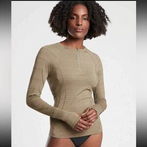 Athleta UPF Long Sleeve Fitted 1/4 Zip OLIVE pocket on right bottom of shirt